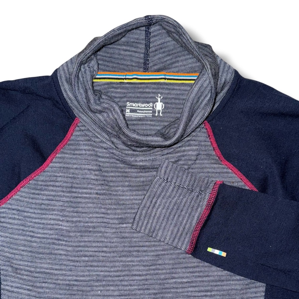 Smartwool Womens Merino 250 Base Layer Funnel Neck Striped Navy Grey M RN116388